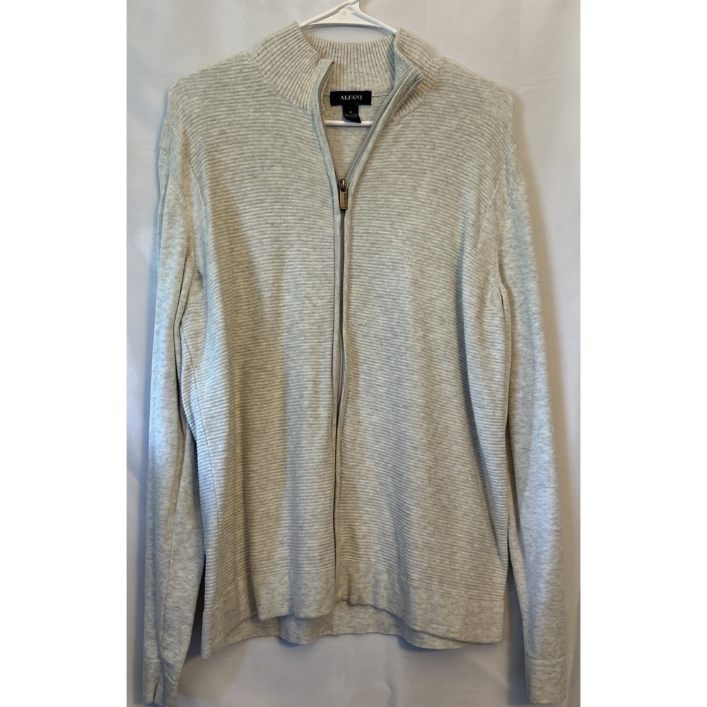 Alfani Unisex Cardigan Sweater Ribbed HeatherGray Zip Up Mock Neck Regular Fit M